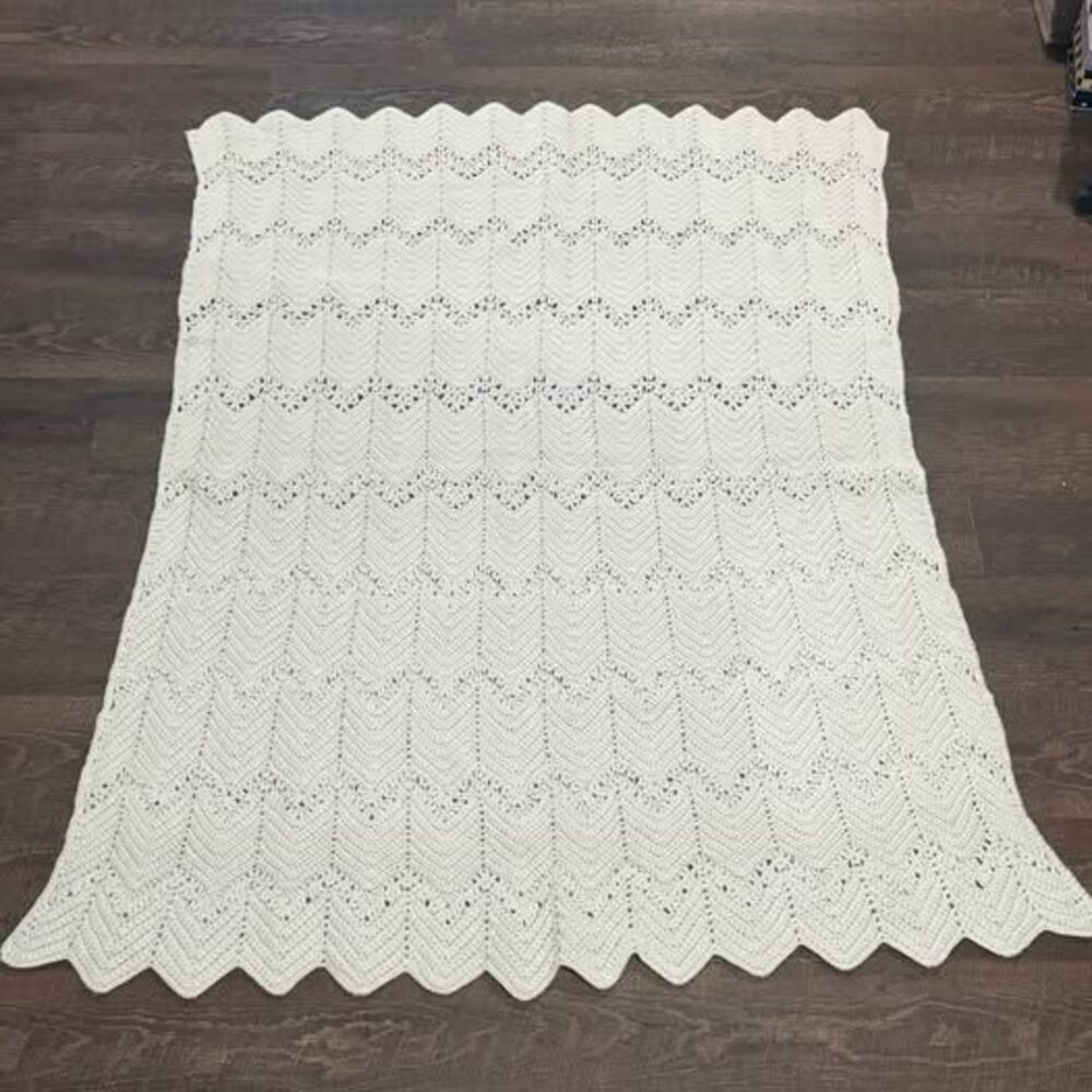 White Hand-Crocheted Chevron Blanket